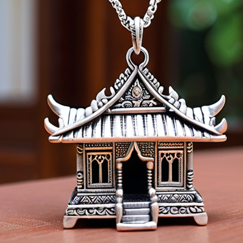 **

A close-up shot of a custom-made necklace pendant featuring a miniature replica of a Thai spirit house (ศาลพระภูมิ). The pendant is crafted from sterling silver with delicate details, showcasing the intricate architecture. Soft, diffused lighting highlights the craftsmanship. The background is blurred, suggesting a traditional Thai home setting.

**