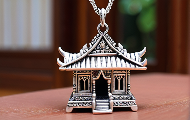 **

A close-up shot of a custom-made necklace pendant featuring a miniature replica of a Thai spirit house (ศาลพระภูมิ). The pendant is crafted from sterling silver with delicate details, showcasing the intricate architecture. Soft, diffused lighting highlights the craftsmanship. The background is blurred, suggesting a traditional Thai home setting.

**