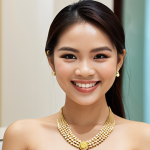 **

Close-up of a beautiful Thai woman with a round face, smiling confidently. She is wearing a long gold necklace with a V-shaped pendant. The background is a blurred image of a modern Thai jewelry store. Focus on the necklace enhancing her features and overall style.

**