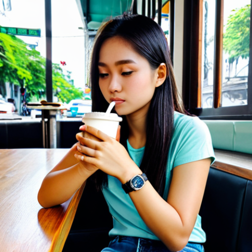Home 8 Everyday Look**
"A young Thai woman in a casual, fully clothed outfit (jeans and a t-shirt), wearing a minimalist wristwatch with a simple leather strap, sitting at a coffee shop in Bangkok, sipping iced coffee, safe for work, appropriate content, fully clothed, modest, perfect anatomy, correct proportions, natural pose, well-formed hands, proper finger count, natural body proportions, professional photography, high quality."
**